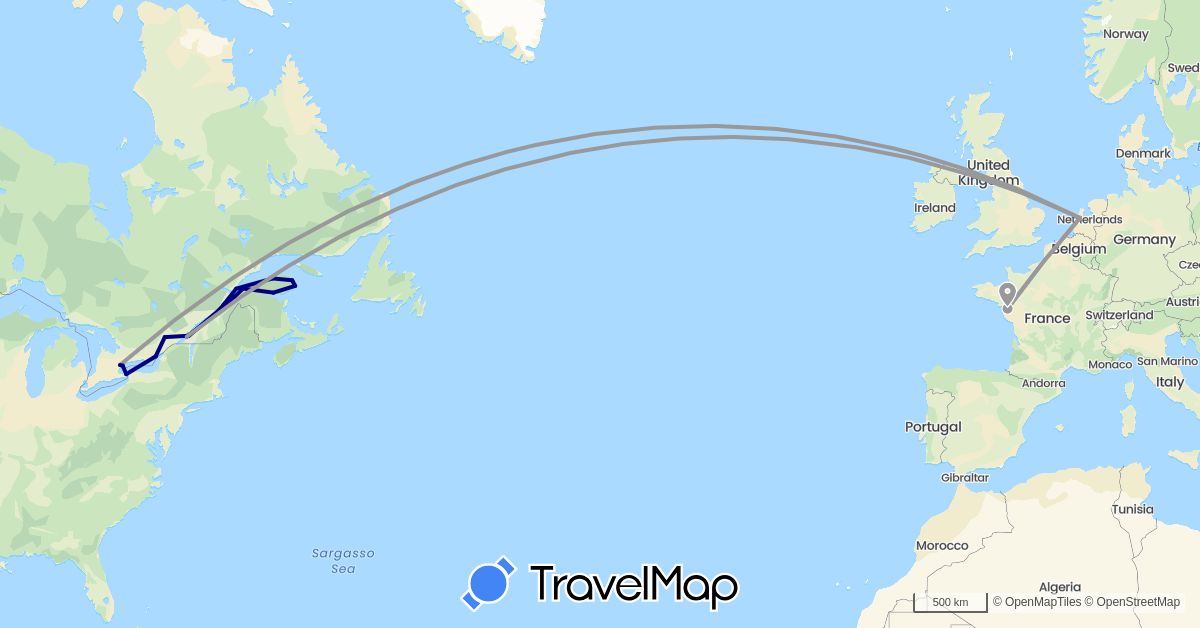 TravelMap itinerary: driving, plane in Canada, France, Netherlands (Europe, North America)